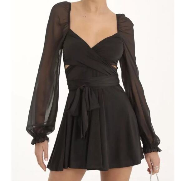 Lucy in the Sky Aliah Puff Chiffon Black Wrap Dress Size L Ballerina Core - Picture 1 of 6